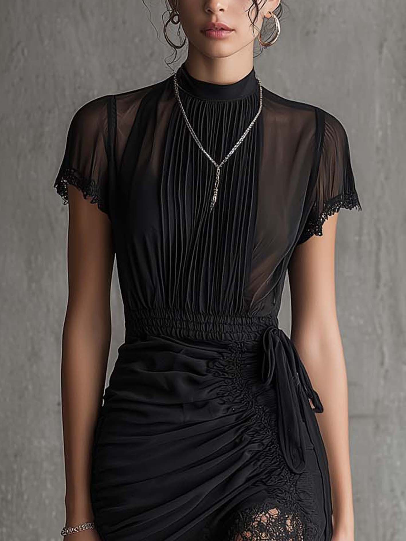 Noelle | Chiffon Pleated Waist Lace Trimmed Mini Dress