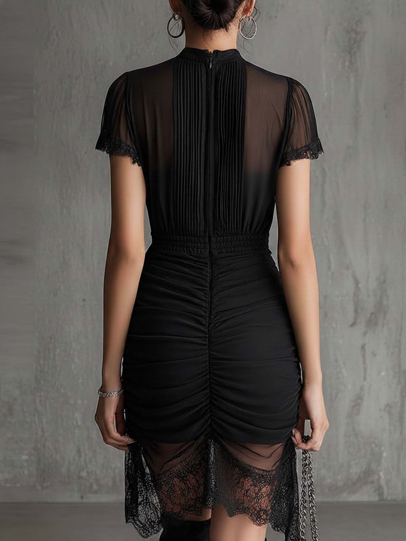 Noelle | Chiffon Pleated Waist Lace Trimmed Mini Dress