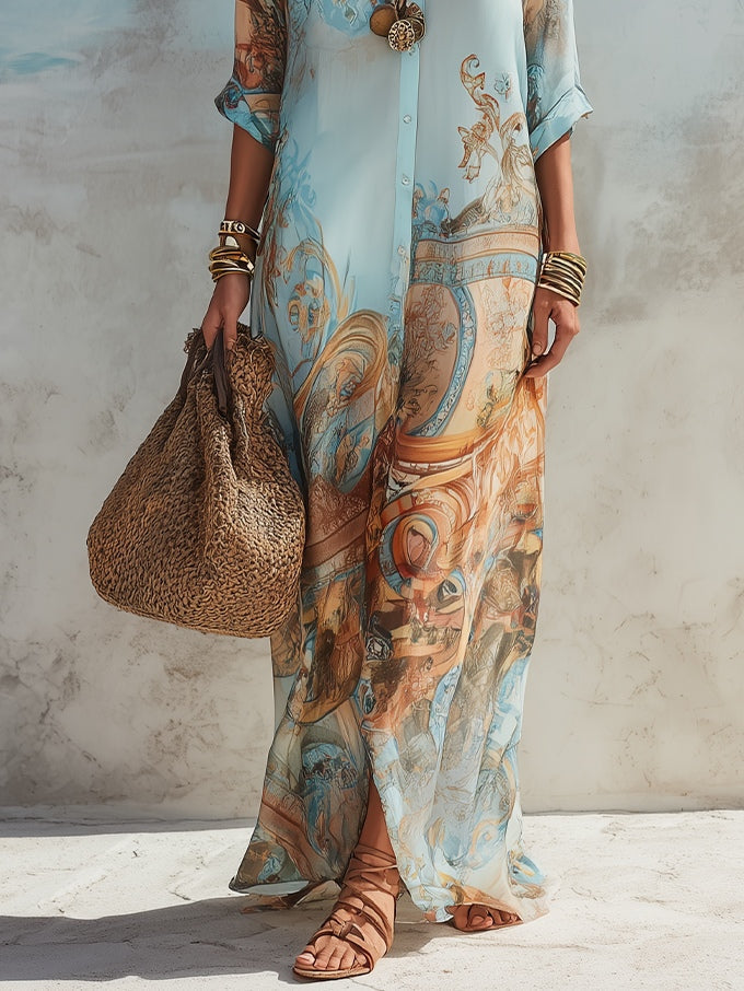 Olympia | Blue Floral Print Shirt Maxi Dress