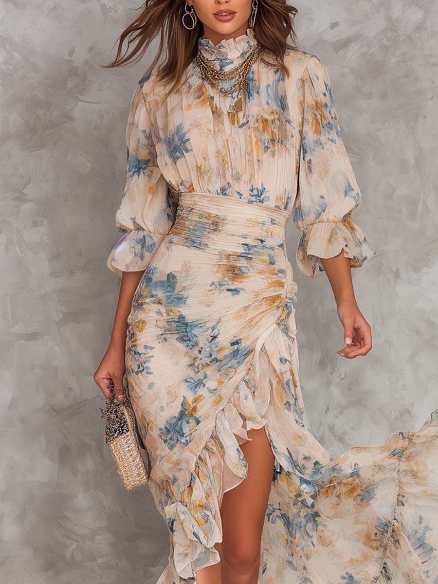Delilah | Turtleneck Oil Painting Floral Print Irregular Dress