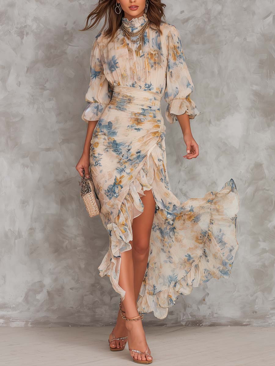 Delilah | Turtleneck Oil Painting Floral Print Irregular Dress