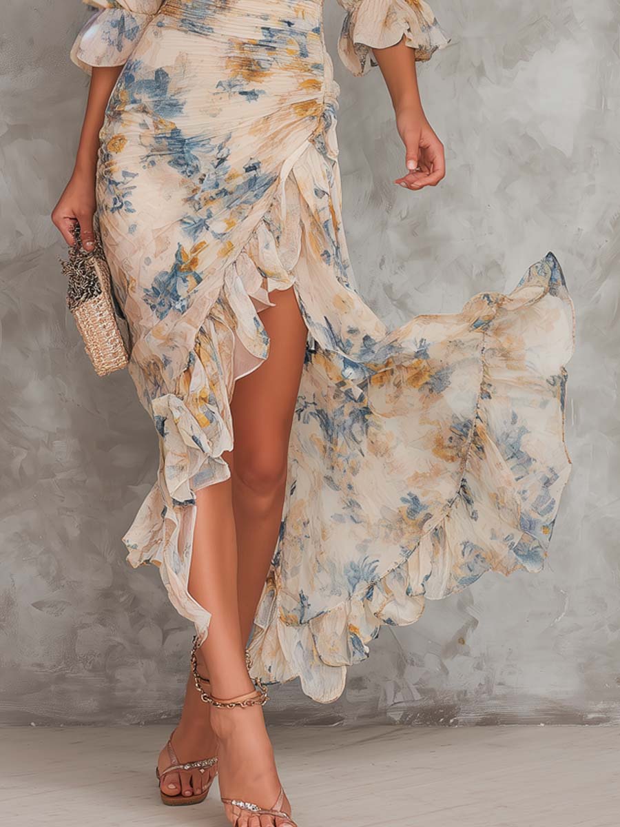 Delilah | Turtleneck Oil Painting Floral Print Irregular Dress