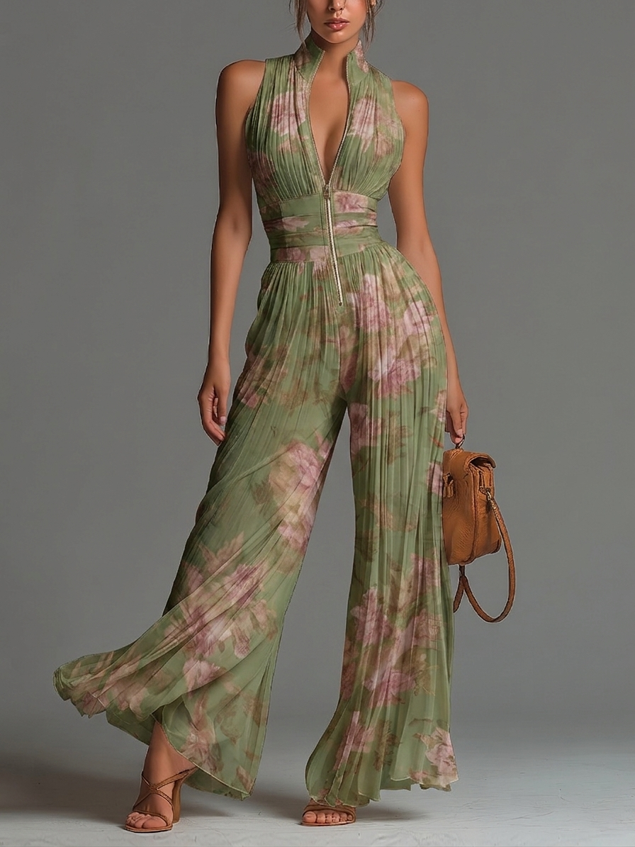 Leonora | Floral V Neck Sleeveless Zip Up Dress