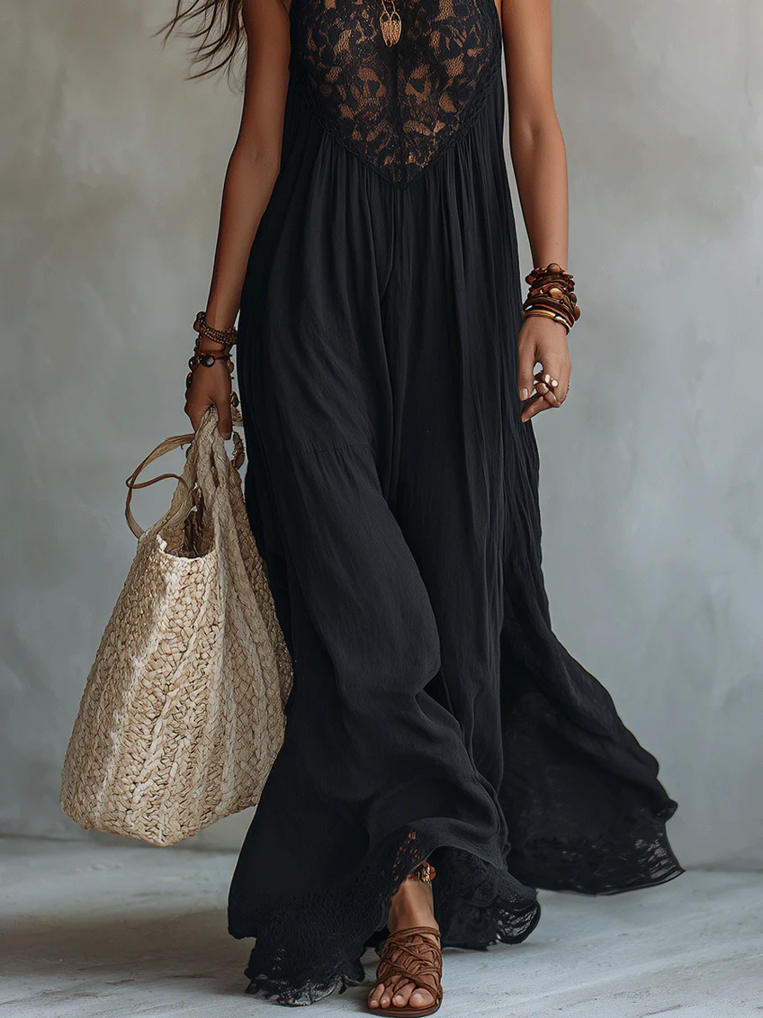 Liliane | Bohemian Black Sleeveless Lace Trimmed Maxi Dress