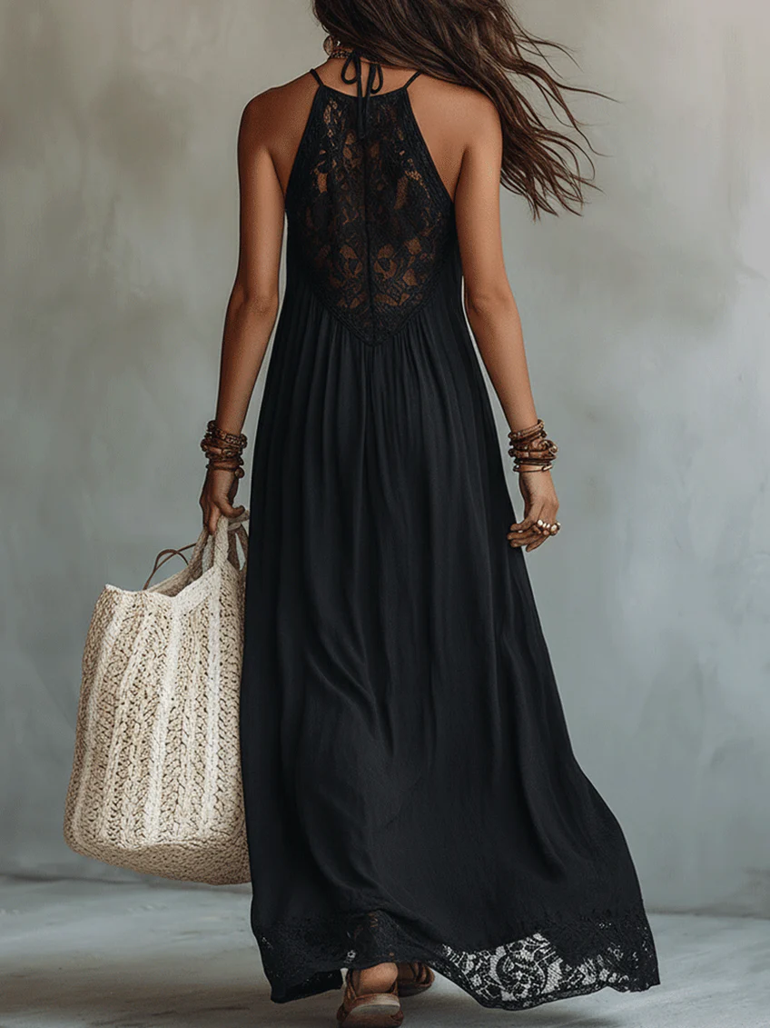 Liliane | Bohemian Black Sleeveless Lace Trimmed Maxi Dress