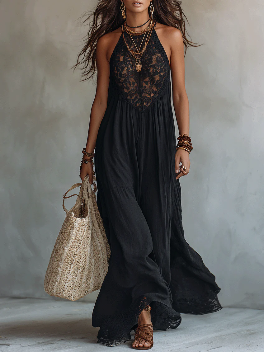 Liliane | Bohemian Black Sleeveless Lace Trimmed Maxi Dress