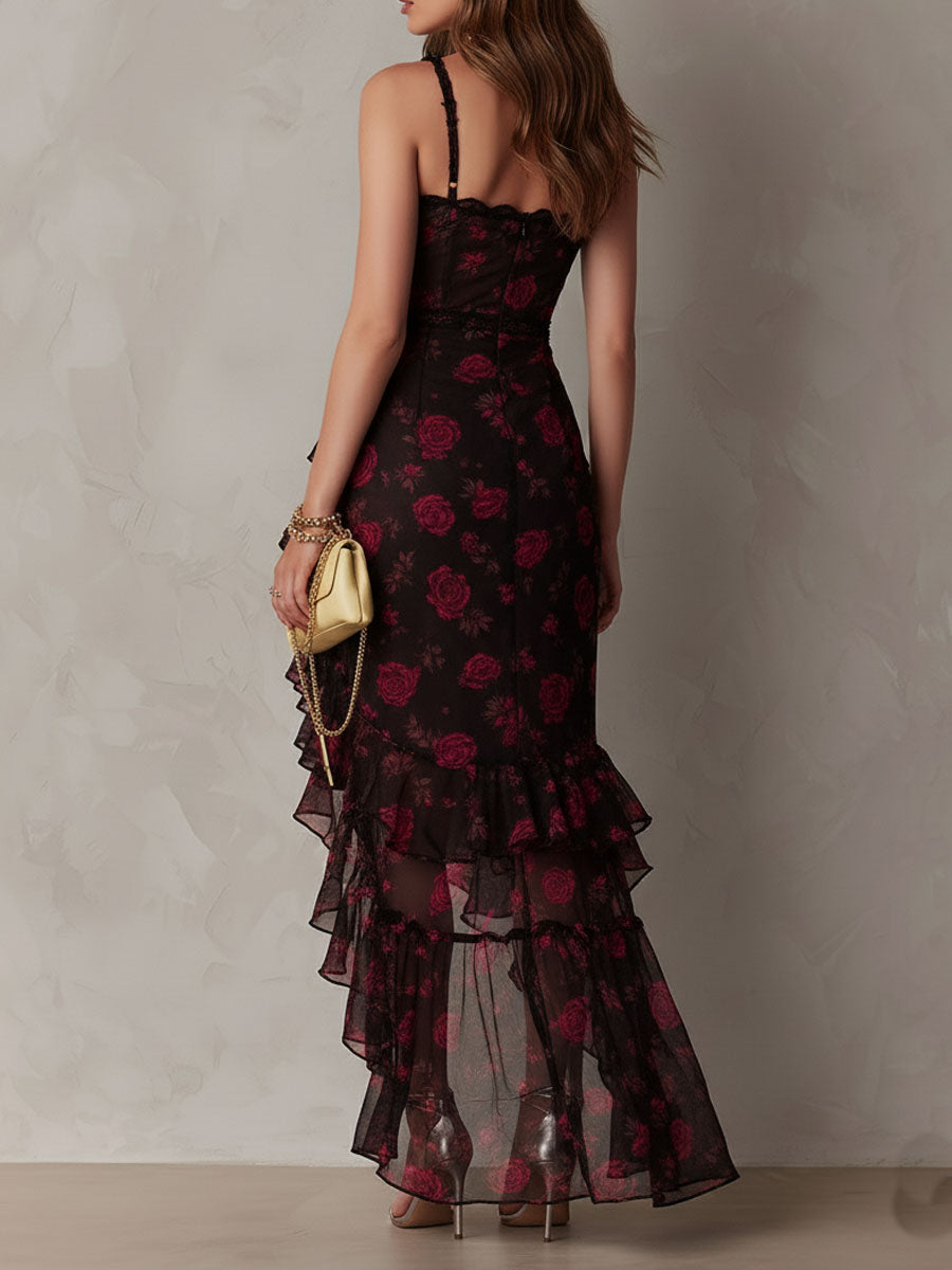 Elodie | Black And Red Floral Ruched Ruffle Dress