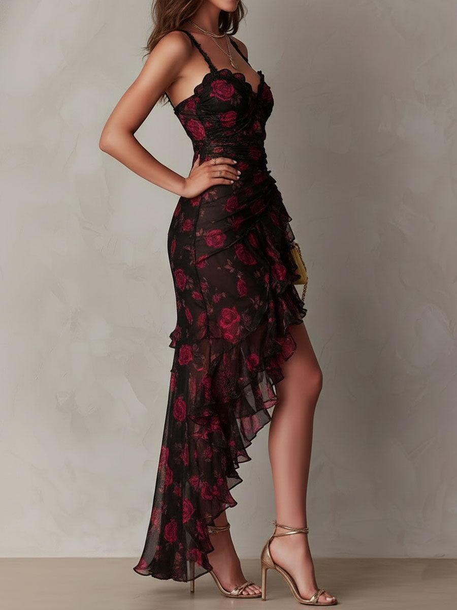 Elodie | Black And Red Floral Ruched Ruffle Dress