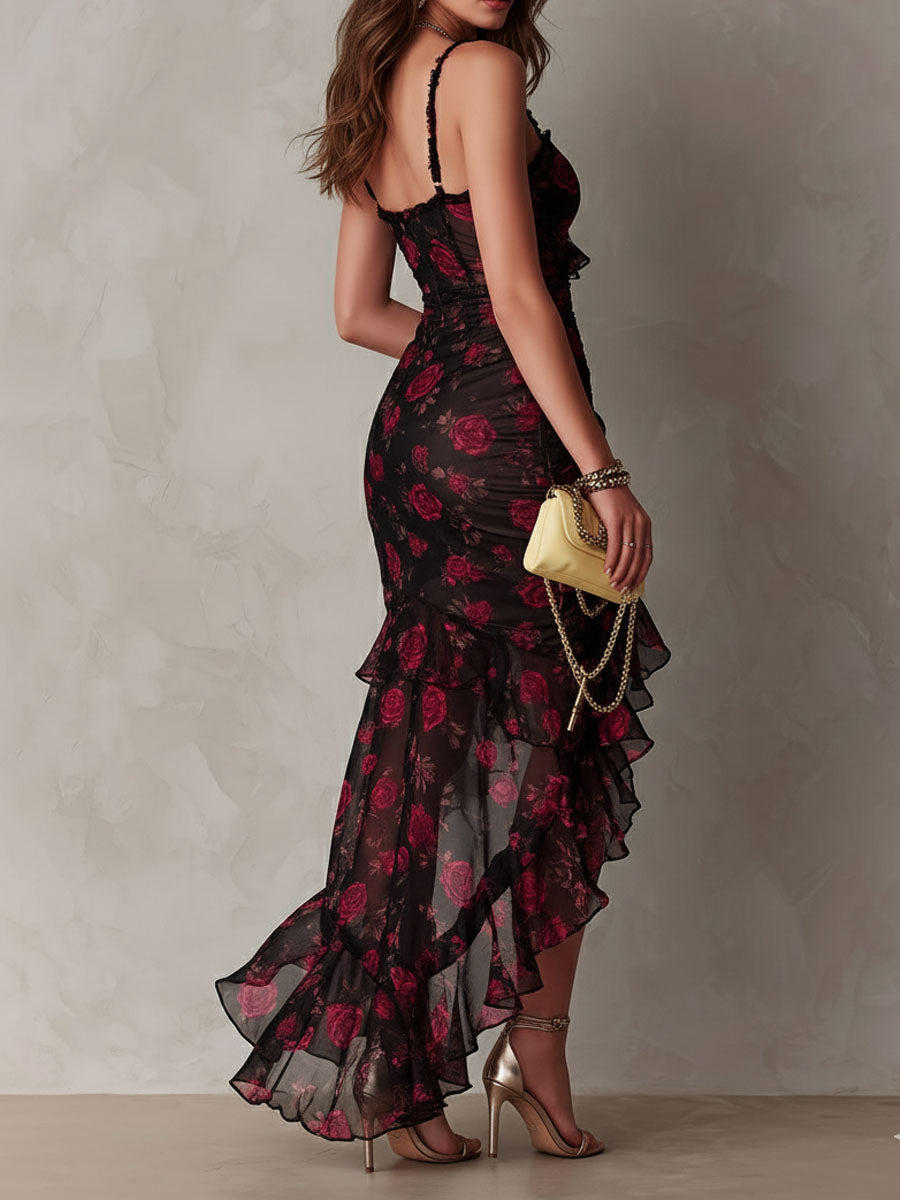 Elodie | Black And Red Floral Ruched Ruffle Dress