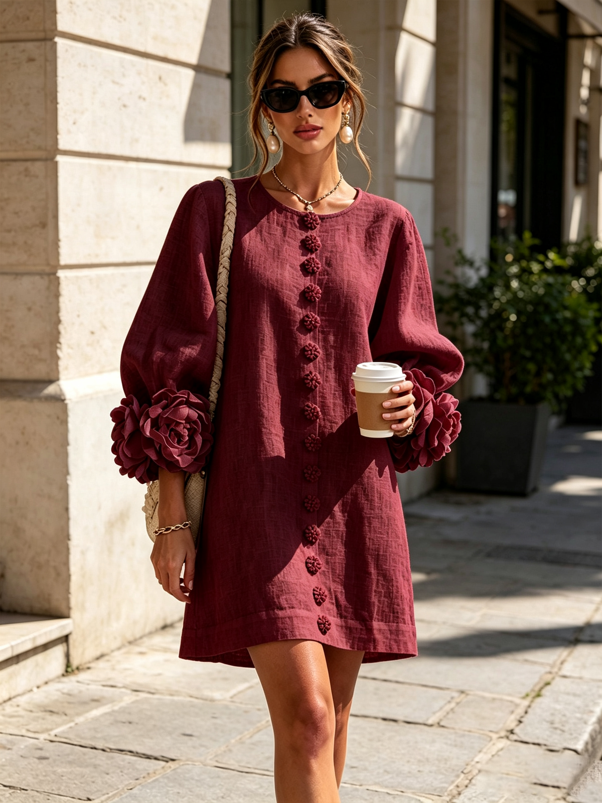 Camellia | Rose Cuff Button Mini Dress