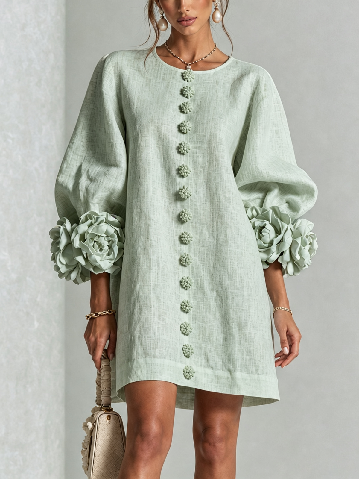 Susanna | Button Front Floral Cuff Mini Dress