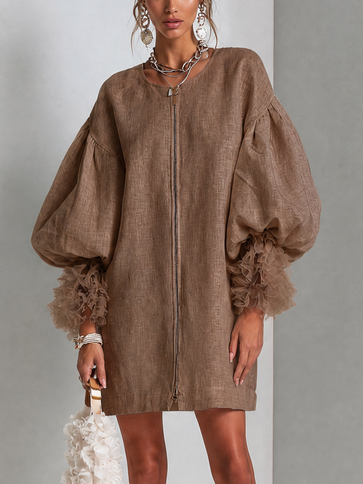 Flora | Zip Front Balloon Sleeve Mini Dress