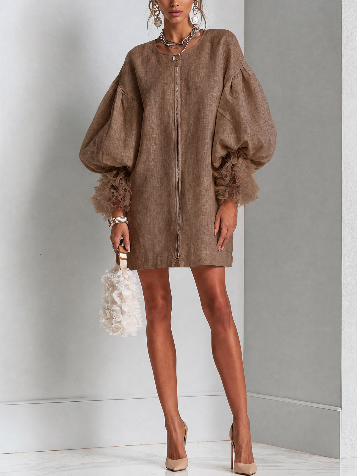 Flora | Zip Front Balloon Sleeve Mini Dress