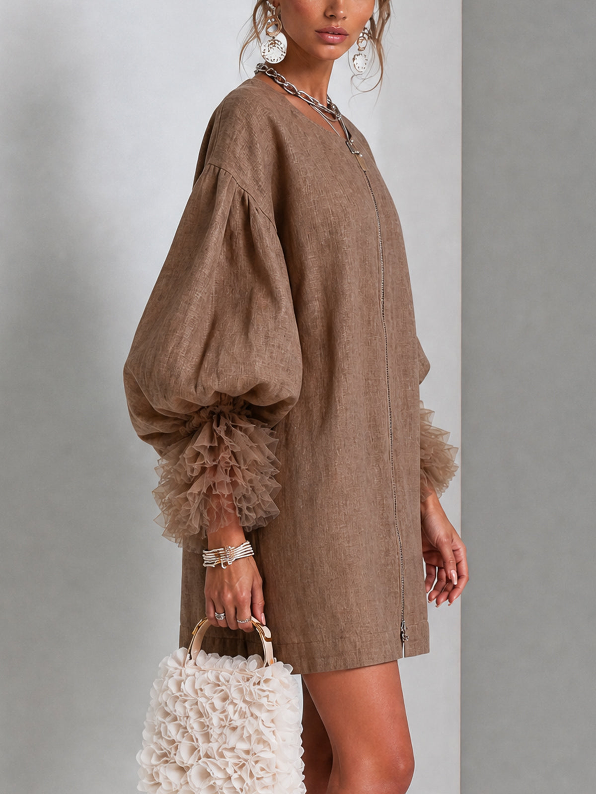 Flora | Zip Front Balloon Sleeve Mini Dress