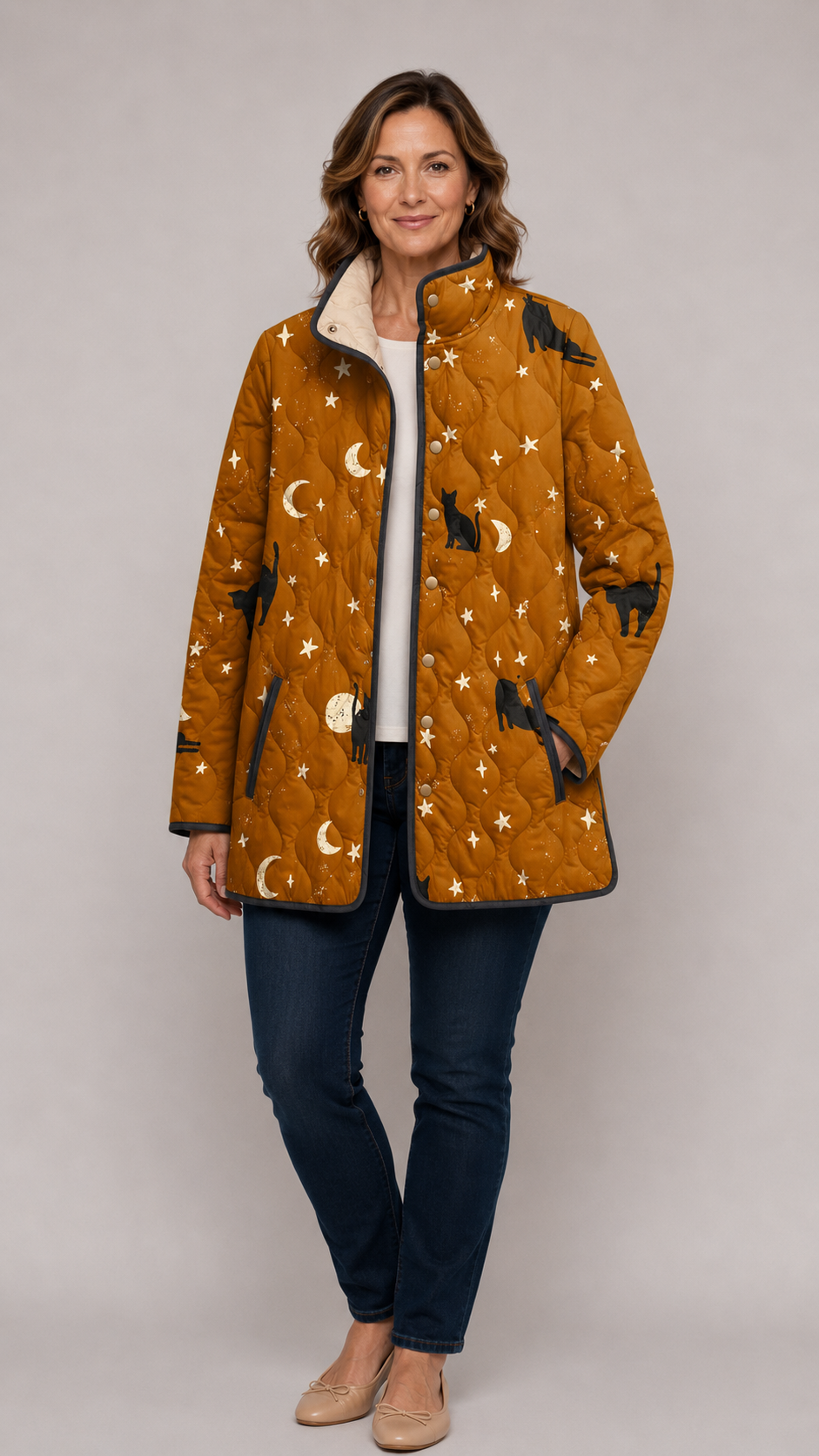 Maya | Black Quilted Jacket with Cat Pattern