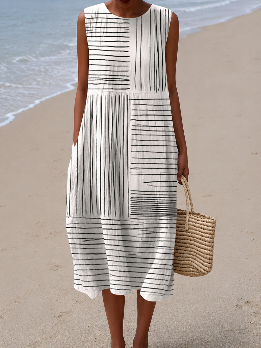 Laurel | Sleeveless Line Print Midi Dress