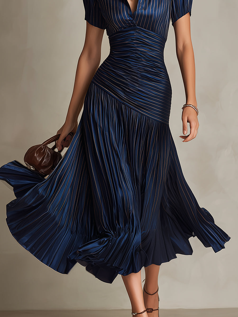 Vivian | Pleated Striped Midi Dress