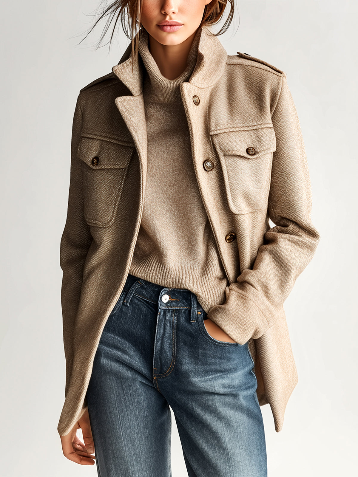 Vintage Casual Khaki Wool Blend Stand Collar Epaulet Multi-Pocket Short Coat