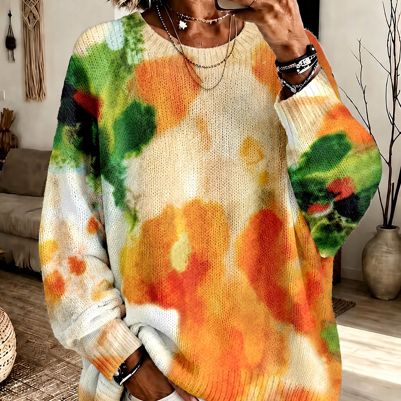 Amberlei | Orange Tie-Dye Floral Round-Neck Sweater