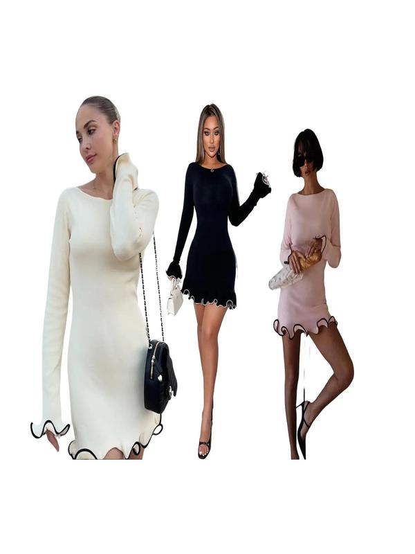 SARAH™ - Elegant Colorblock Wave Hem A-Line Long Sleeve Dress