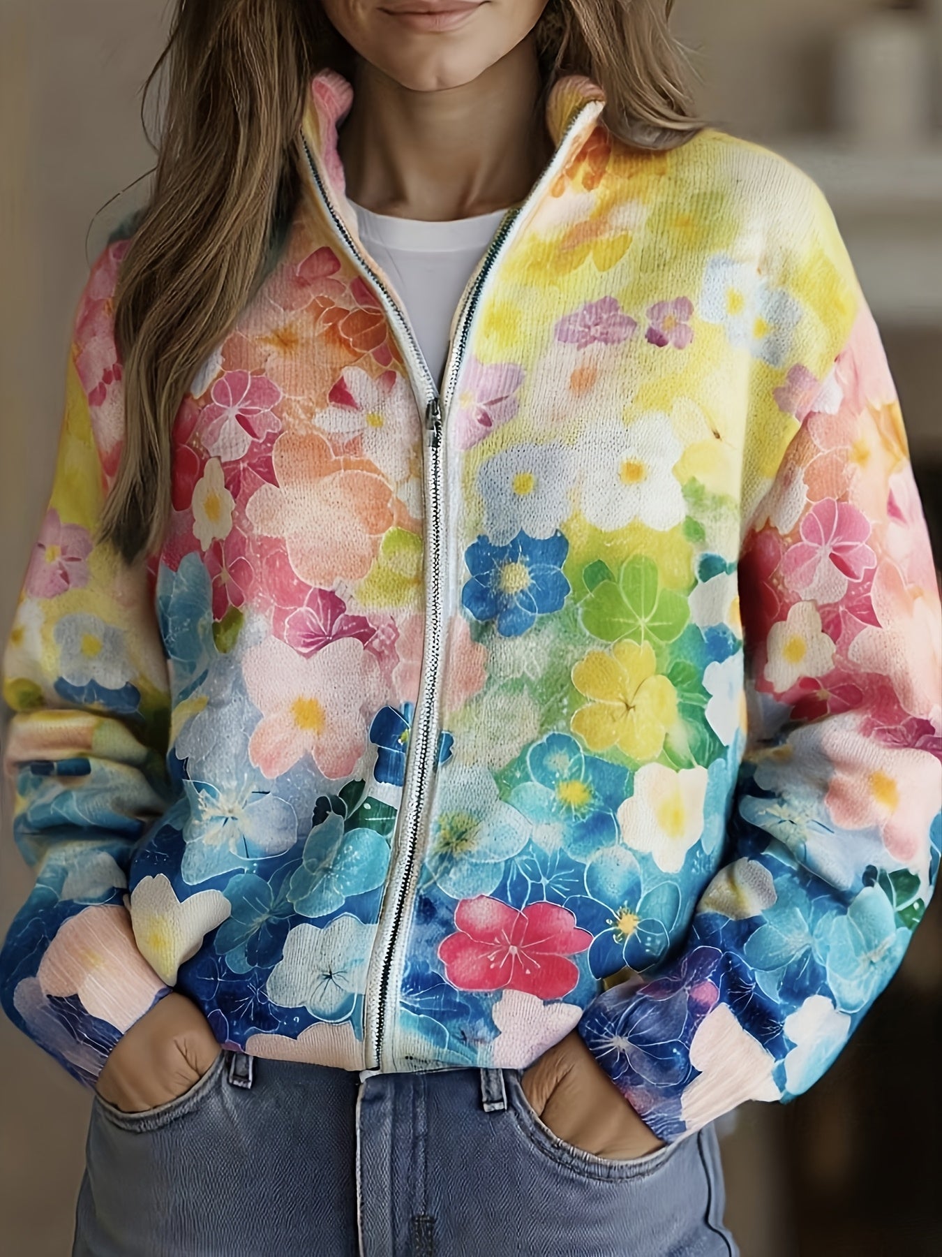 Augusta | Watercolour Floral Ombre Zip Cardigan