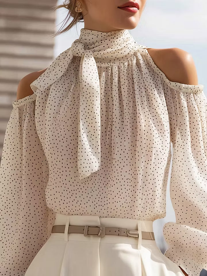 Adelina | Cold Shoulder Scarf Tie Blouse