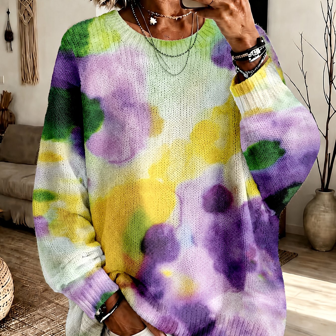 Violetta | Purple Tie-Dye Floral Round-Neck Sweater
