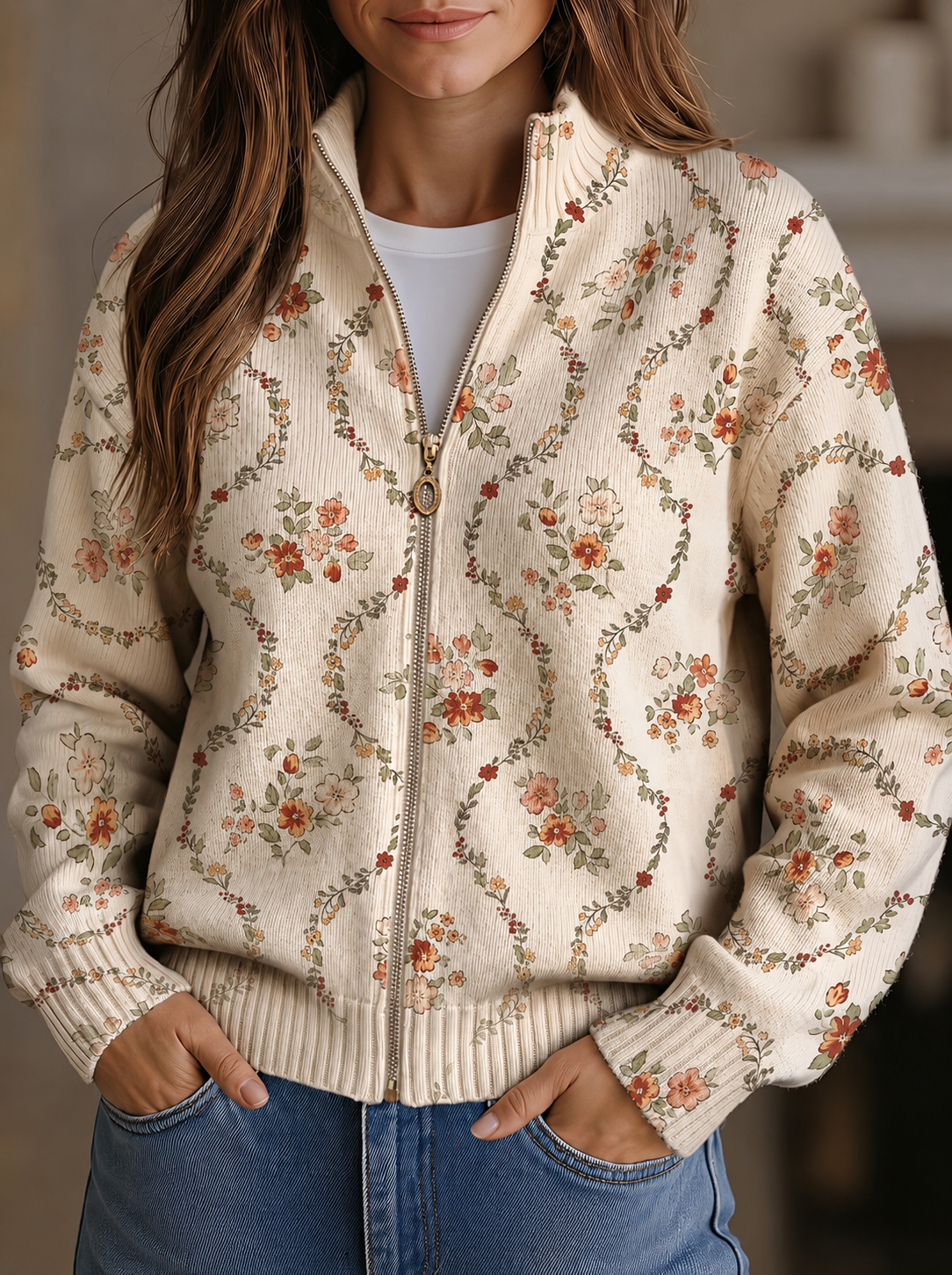 Persephone | Delicate Floral Vine Cream Print Cardigan