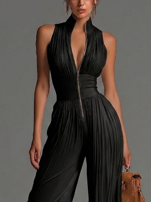 Raffaella | V Neck Sleeveless Zip Up Pleated Dress
