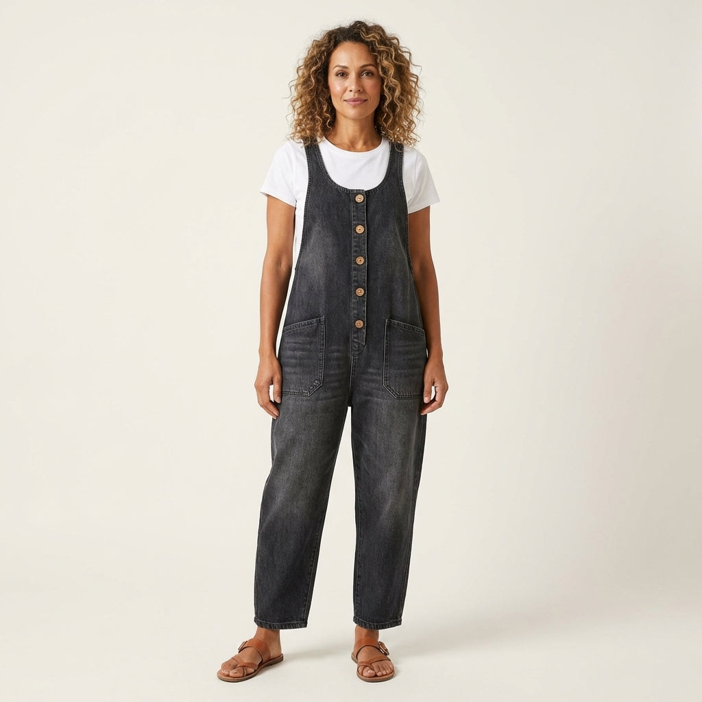 Liva | Button Strap Denim Jumpsuit