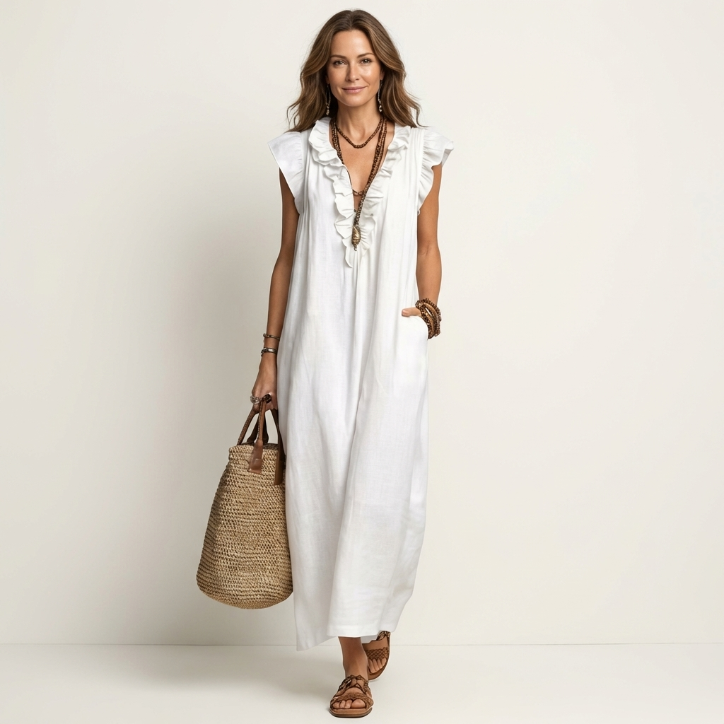 Josette | Ruffle V Neck Linen Maxi Dress