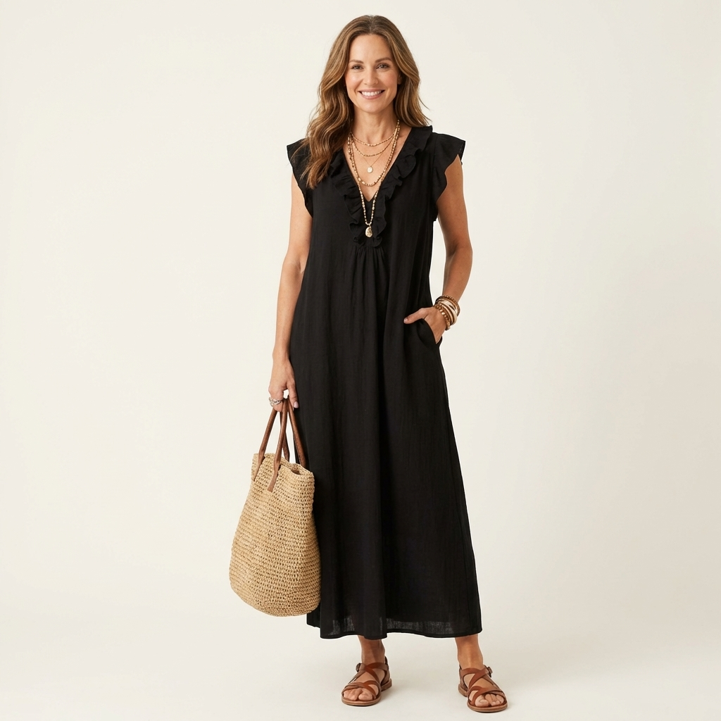 Josette | Ruffle V Neck Linen Maxi Dress