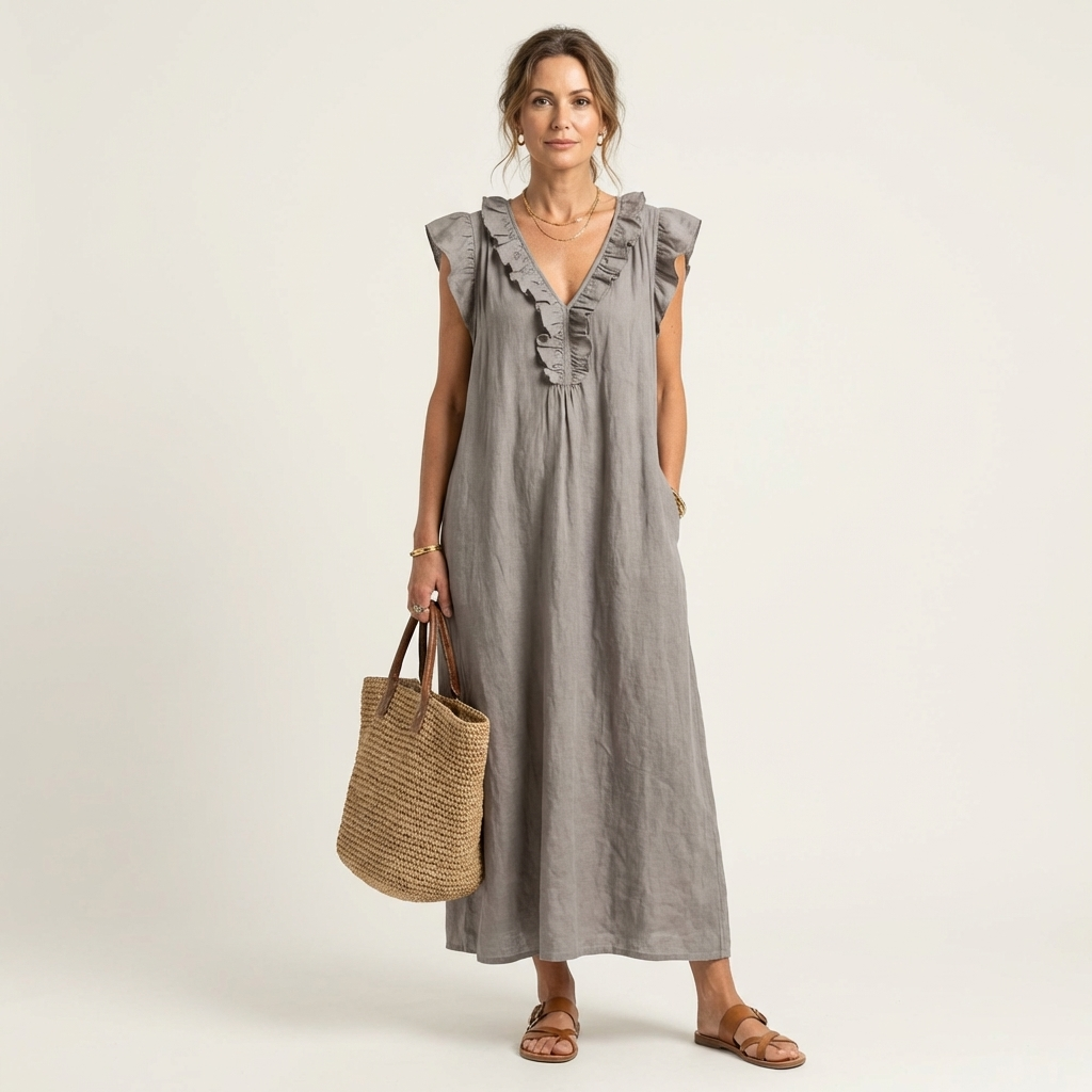 Josette | Ruffle V Neck Linen Maxi Dress