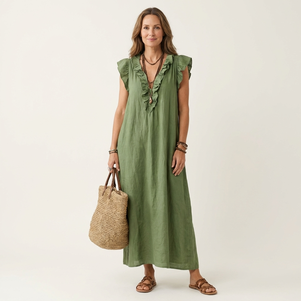 Josette | Ruffle V Neck Linen Maxi Dress