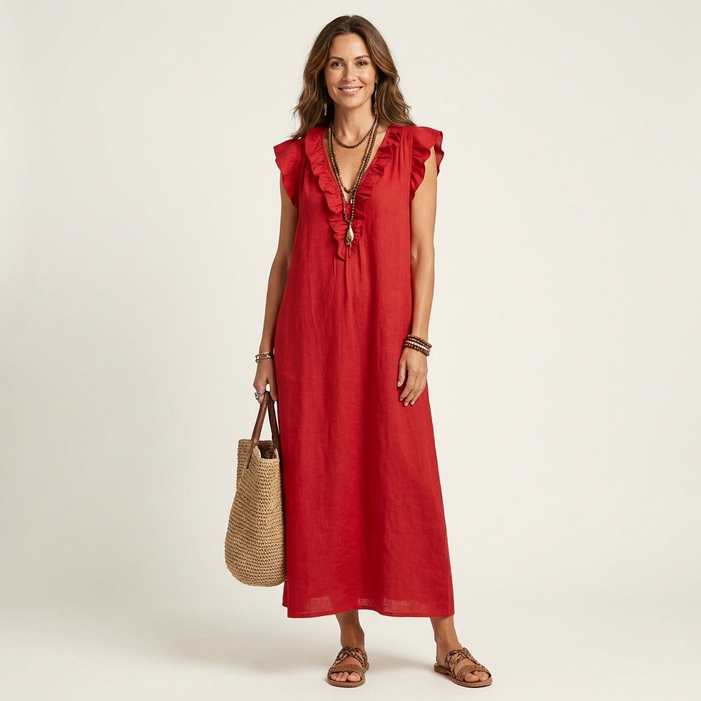 Josette | Ruffle V Neck Linen Maxi Dress