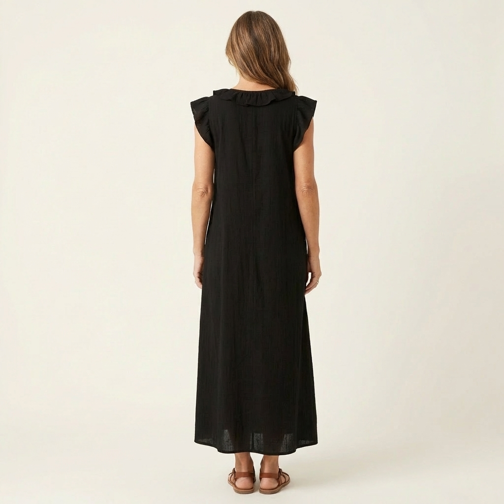 Josette | Ruffle V Neck Linen Maxi Dress