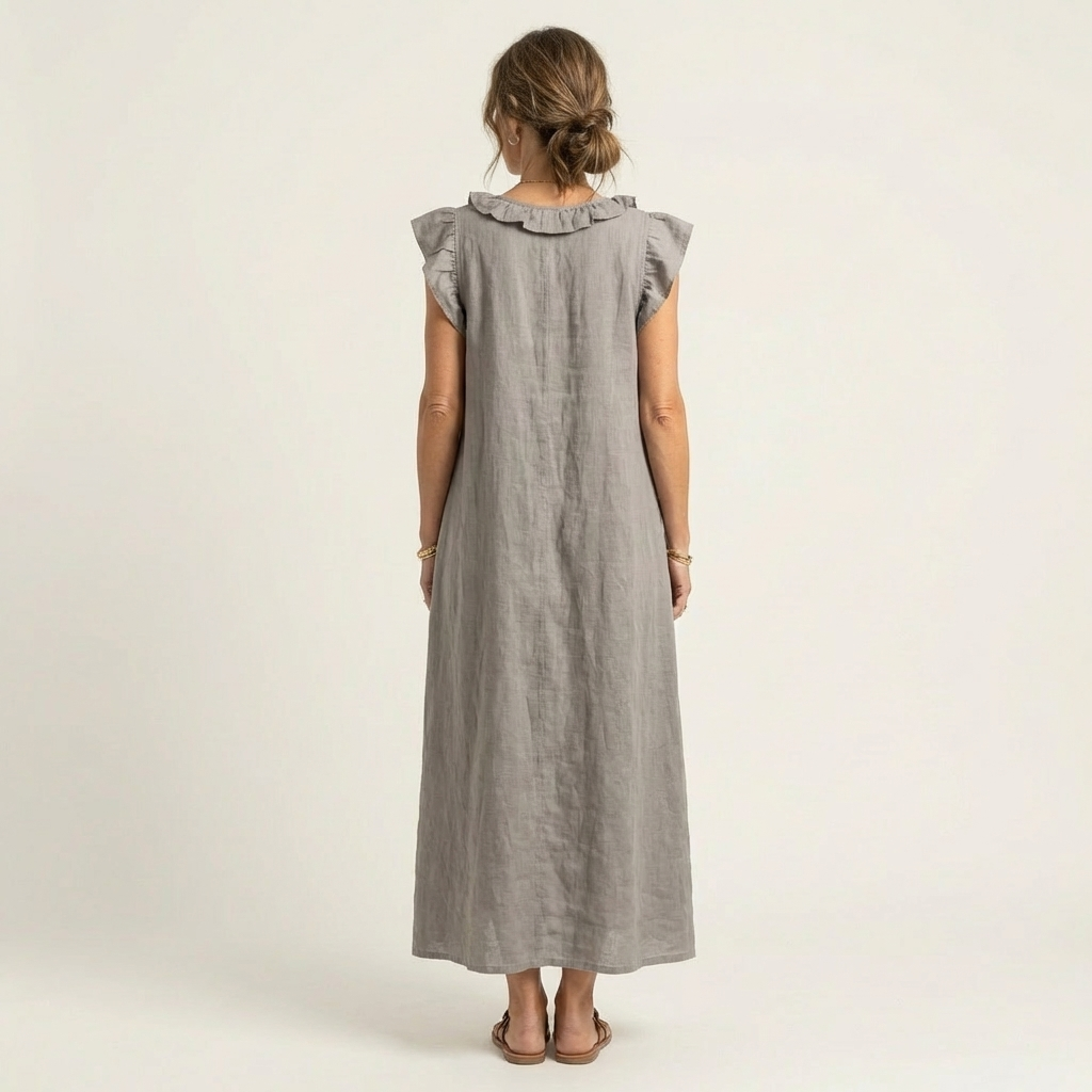 Josette | Ruffle V Neck Linen Maxi Dress