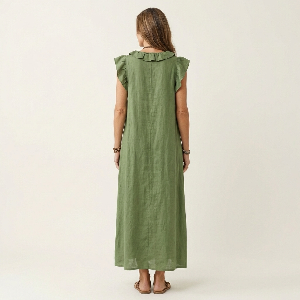 Josette | Ruffle V Neck Linen Maxi Dress