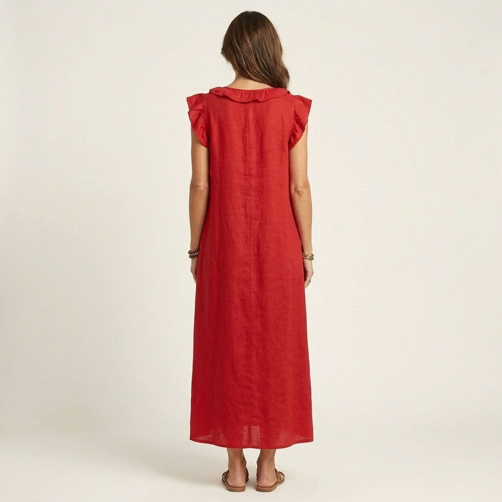 Josette | Ruffle V Neck Linen Maxi Dress