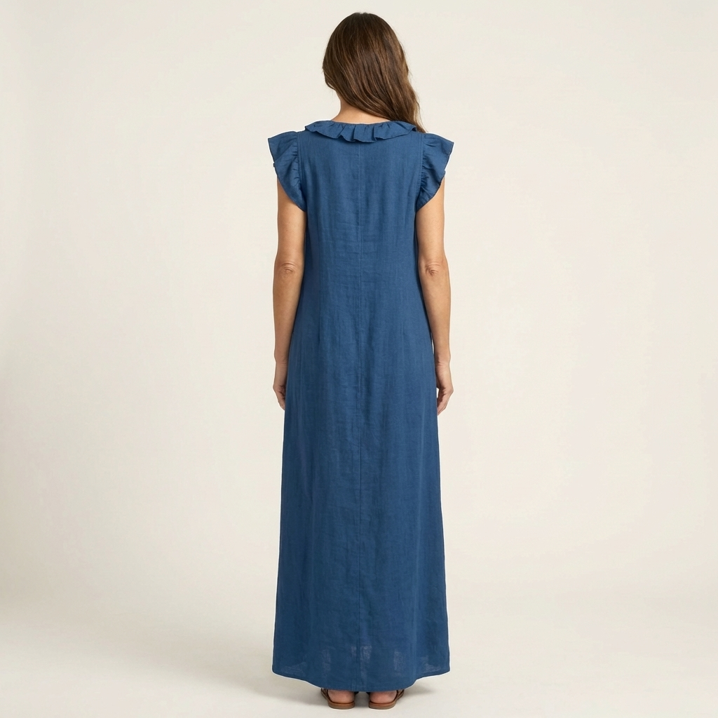 Josette | Ruffle V Neck Linen Maxi Dress