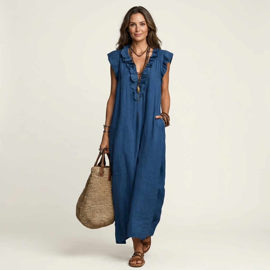 Josette | Ruffle V Neck Linen Maxi Dress