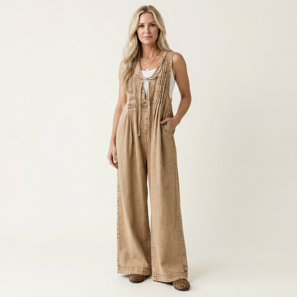 Griselda | Pleated Wide Leg Denim Jumpsuit