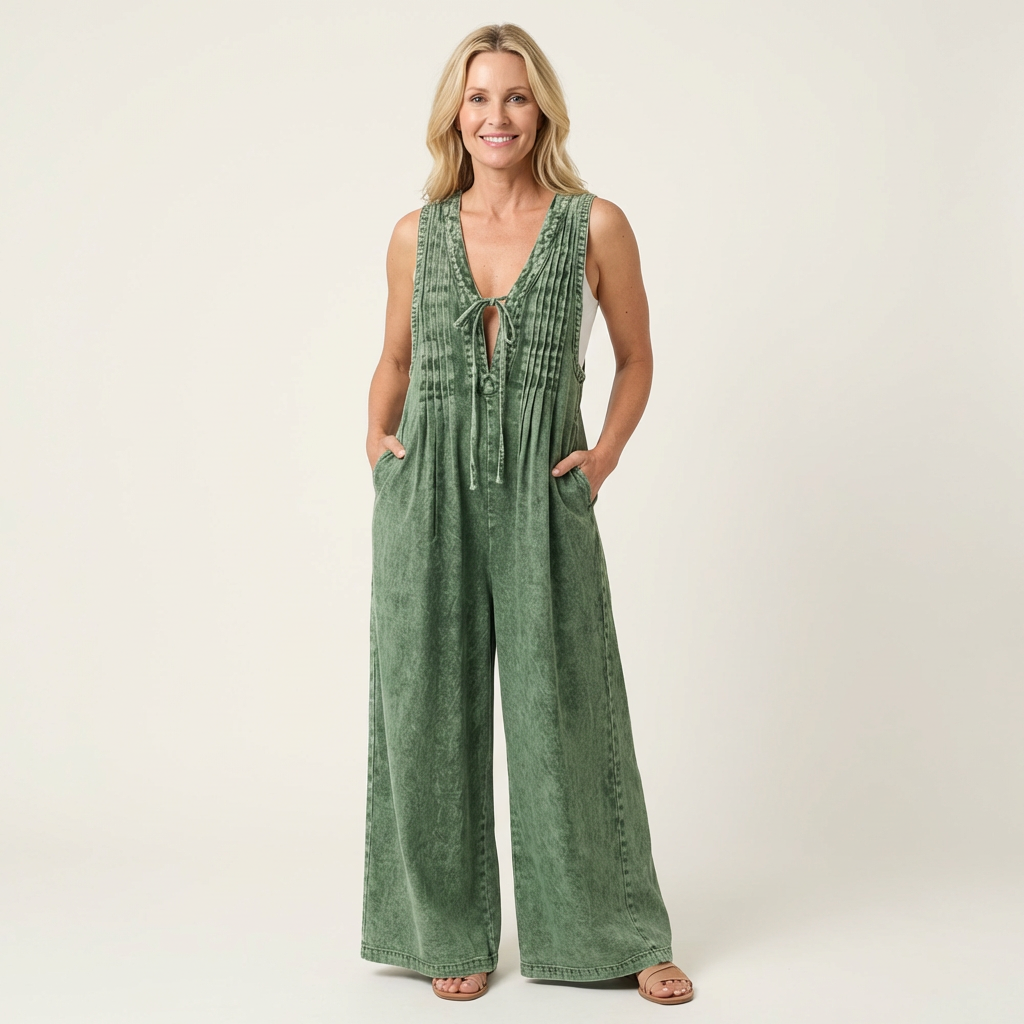 Griselda | Pleated Wide Leg Denim Jumpsuit