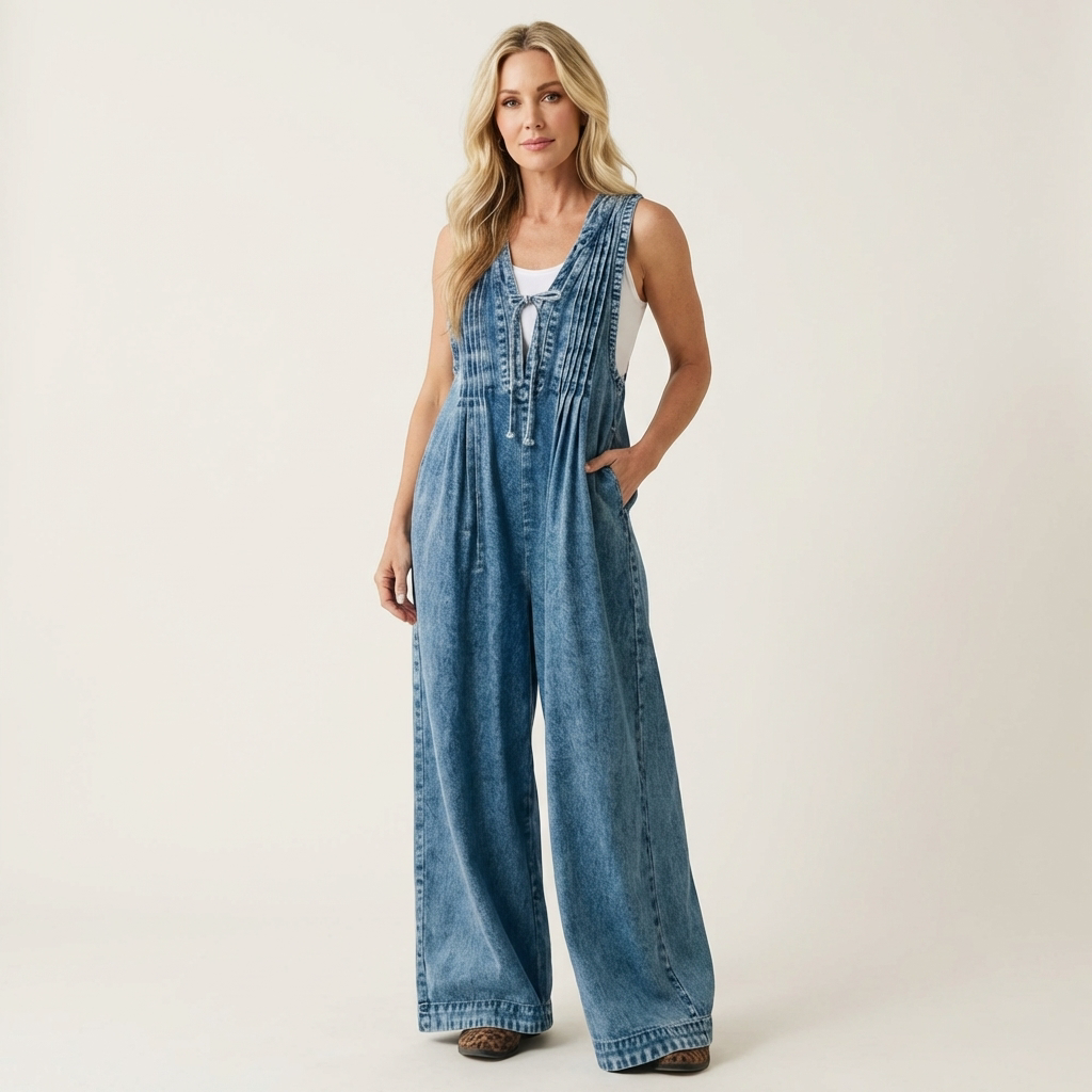 Griselda | Pleated Wide Leg Denim Jumpsuit