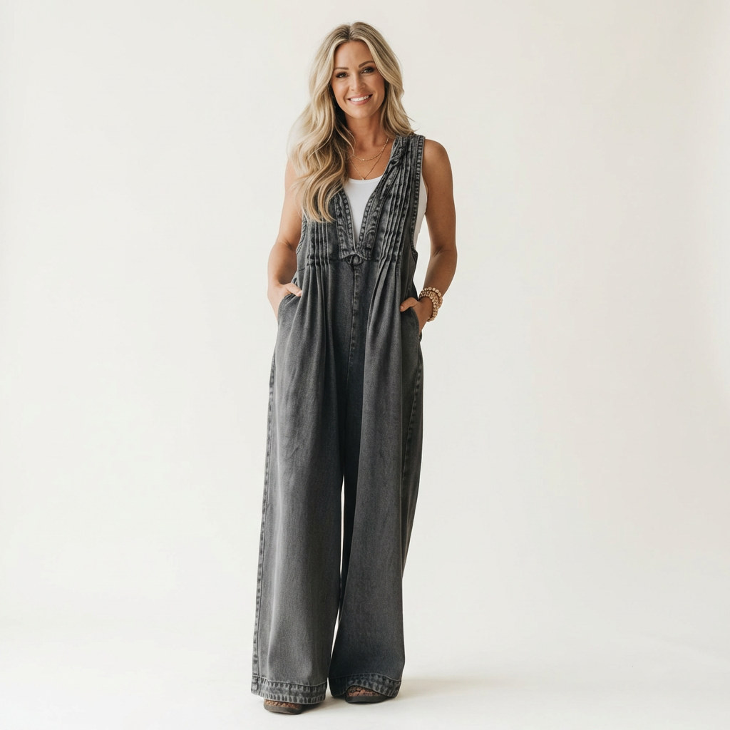 Griselda | Pleated Wide Leg Denim Jumpsuit