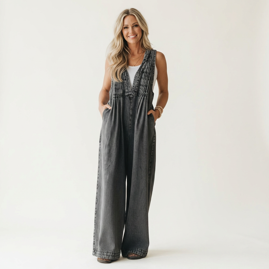Griselda | Pleated Wide Leg Denim Jumpsuit