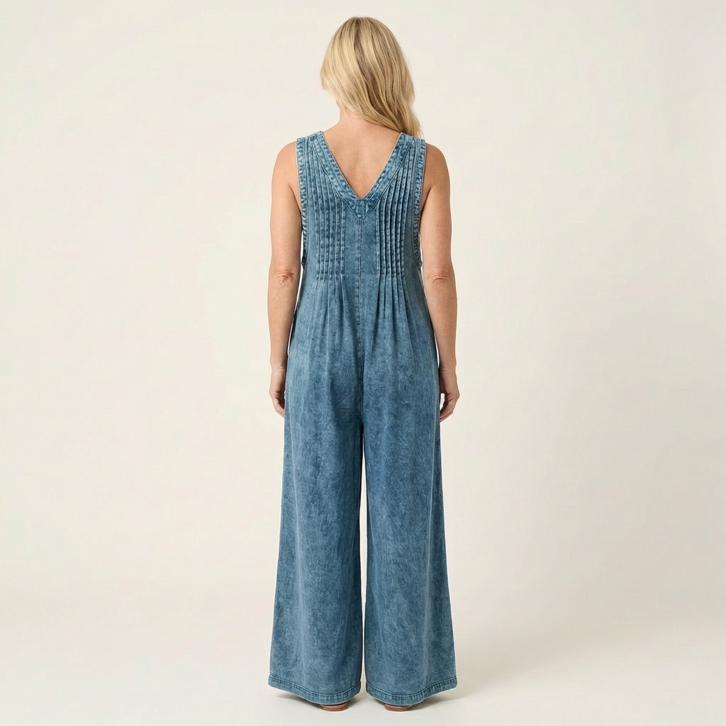 Griselda | Pleated Wide Leg Denim Jumpsuit