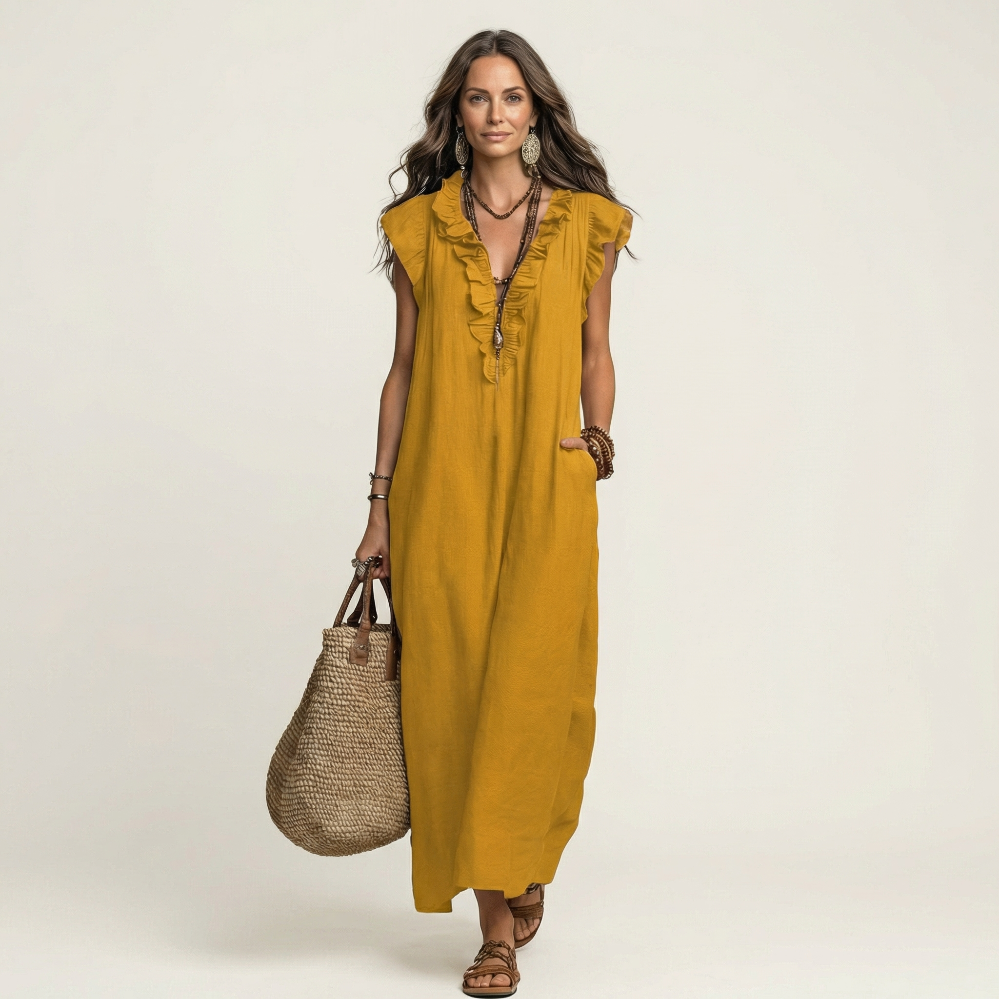 Josette | Ruffle V Neck Linen Maxi Dress