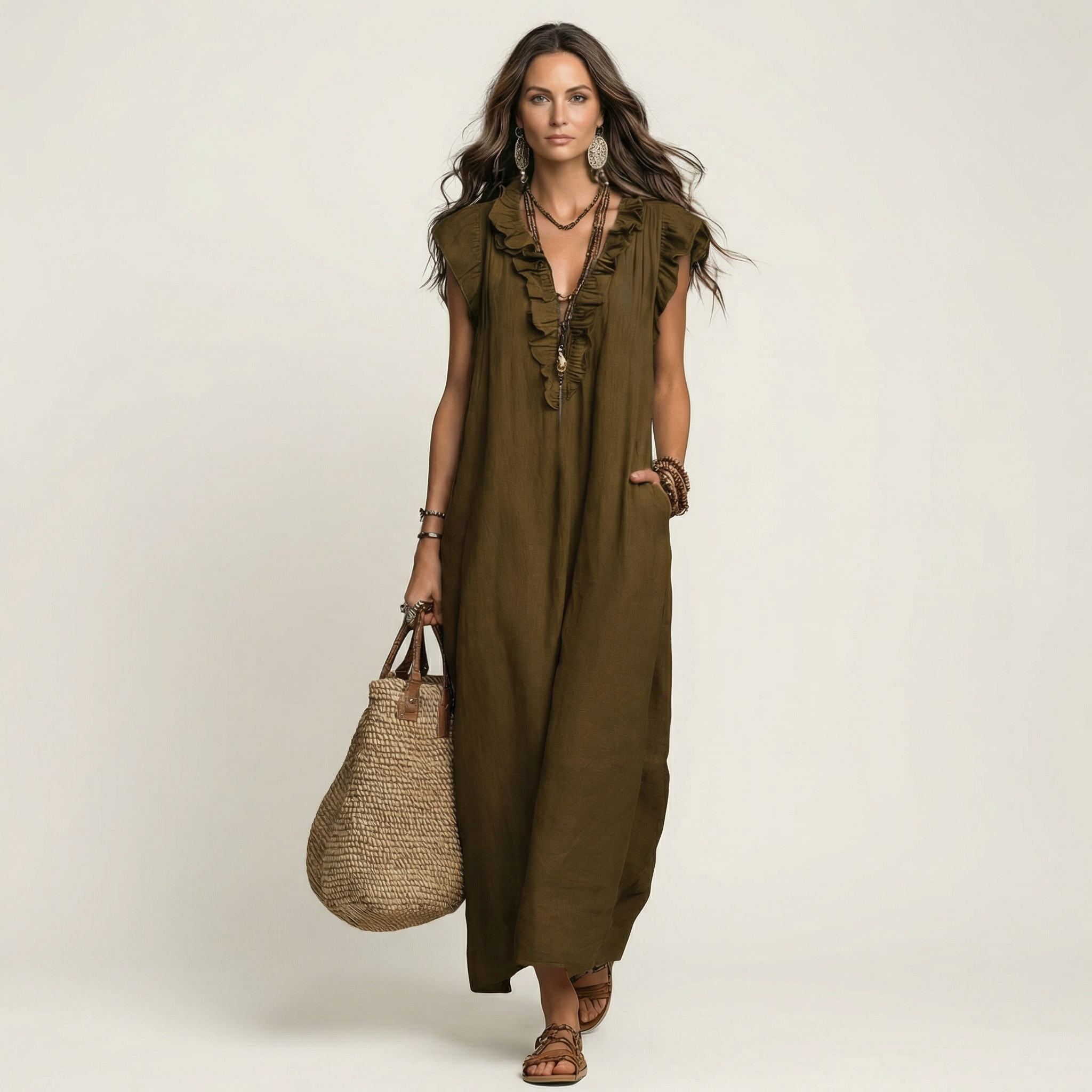 Josette | Ruffle V Neck Linen Maxi Dress