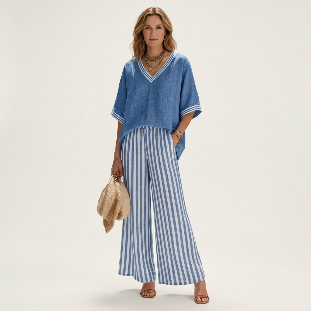 Juliana | V Neck Varsity Top And Stripe Wide Leg